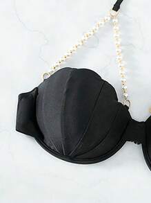 Swim Chiccia 2026 Spring/Summer Pearl Chain Spaghetti Strap Halter Seashell Hard Cup Cleavage Enhancing Black Elegant Bikini Top - Black - View 4