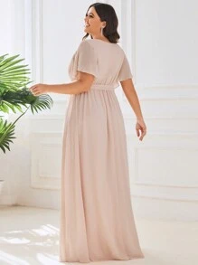 EVERPRETTY 优雅V领荷叶边喇叭袖及地春夏婚礼宾客礼服，香槟色伴娘正式礼服 - 香檳色 - 查看 3