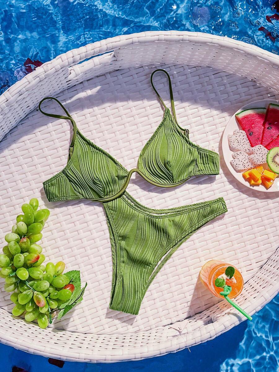 SHEIN Swim Women's Summer Beach Solid Color Textured Push Up Bikini Set With Separated Bikini Set, Underwire - Olive Green - View 1