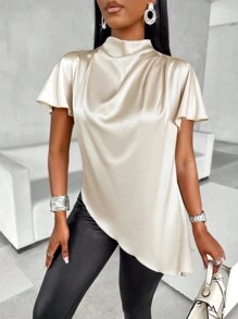 SOLERSUN Mock Neck Batwing Sleeve Satin Asymmetrical Hem Blouse,Short Sleeve Tops