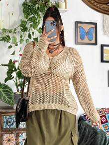 Flirla Plus Size Plain Fashionable Retro Hollow Knitted Long Sleeve Sweater Fall Winter - Multicolor - View 5