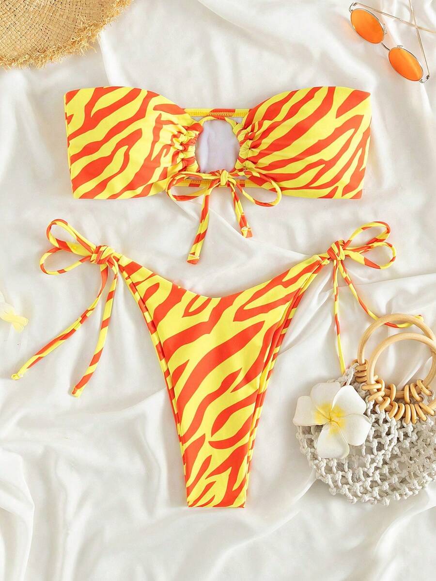 SHEIN Swim Ladies Stylish Color Block Zebra Print Bandeau Bikini Set, Summer Beach Vacation - Multicolor - View 1