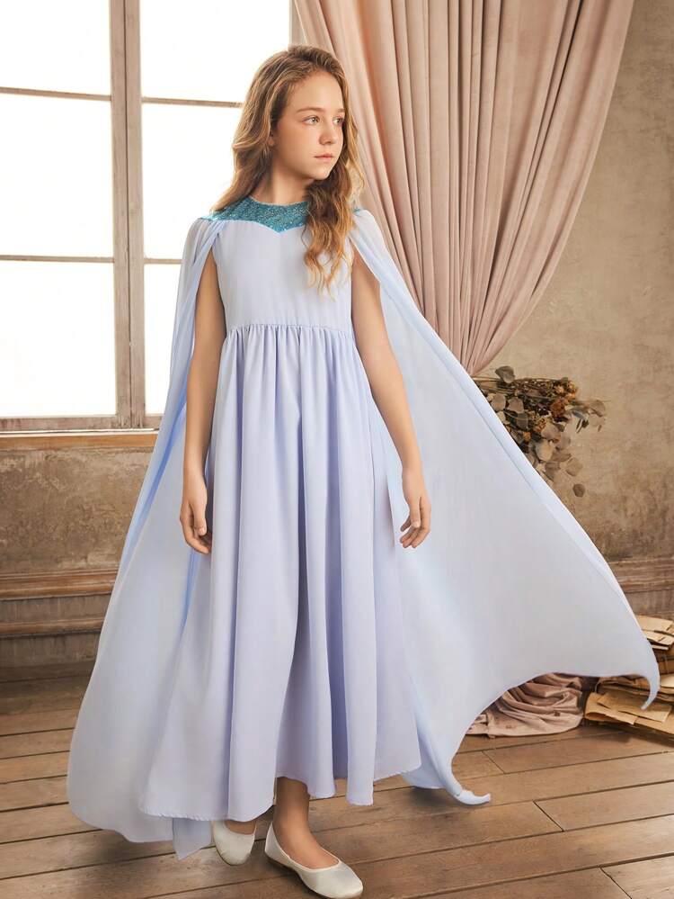 Tween Girl Round Neck Accessory Shiny Shawl Pleated Waist Flowy Dress