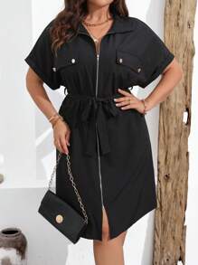 EMERY ROSE Plus Size Solid Color Zipper Belted Batwing Sleeve Summer Dress Maxi Women Outfit - Black - View 6