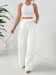 SHEIN Essnce Women Dress Pants Uniform Pants Teacher Pants Ladies' Commuting Black Striped Elastic Waist Wide Leg Trousers With Double Pockets