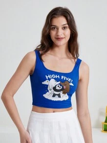 We Bare Bears X SHEIN 夏季卡通印花緊身短款背心 - 藍色 - 查看 3