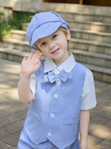 SHEIN Camicia bianca a maniche corte per bambini e gilet blu, vestito estivo a pantaloncini con elastico in vita blu, stile da gentleman, adatto per feste di compleanno, feste serali, spettacoli, matrimoni, battesimi e primi compleanni