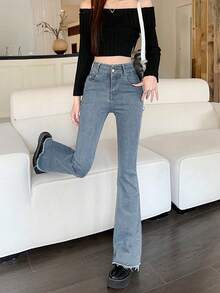 女士高腰修身喇叭裤弹力牛仔裤，带口袋，休闲春季款 - 淺色水洗藍 - 查看 4