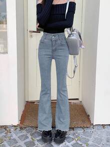 女士高腰修身喇叭裤弹力牛仔裤，带口袋，休闲春季款 - 淺色水洗藍 - 查看 7
