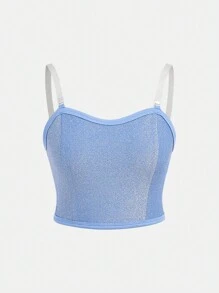 Conjunto de 2 piezas de top de camisola brillante de unicolor y pantalones acampanados para adolescentes - Azul - Ver 6