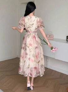 DAZY 女士优雅浪漫花卉泡泡袖夏季连衣裙太阳裙 - 粉色 - 查看 5