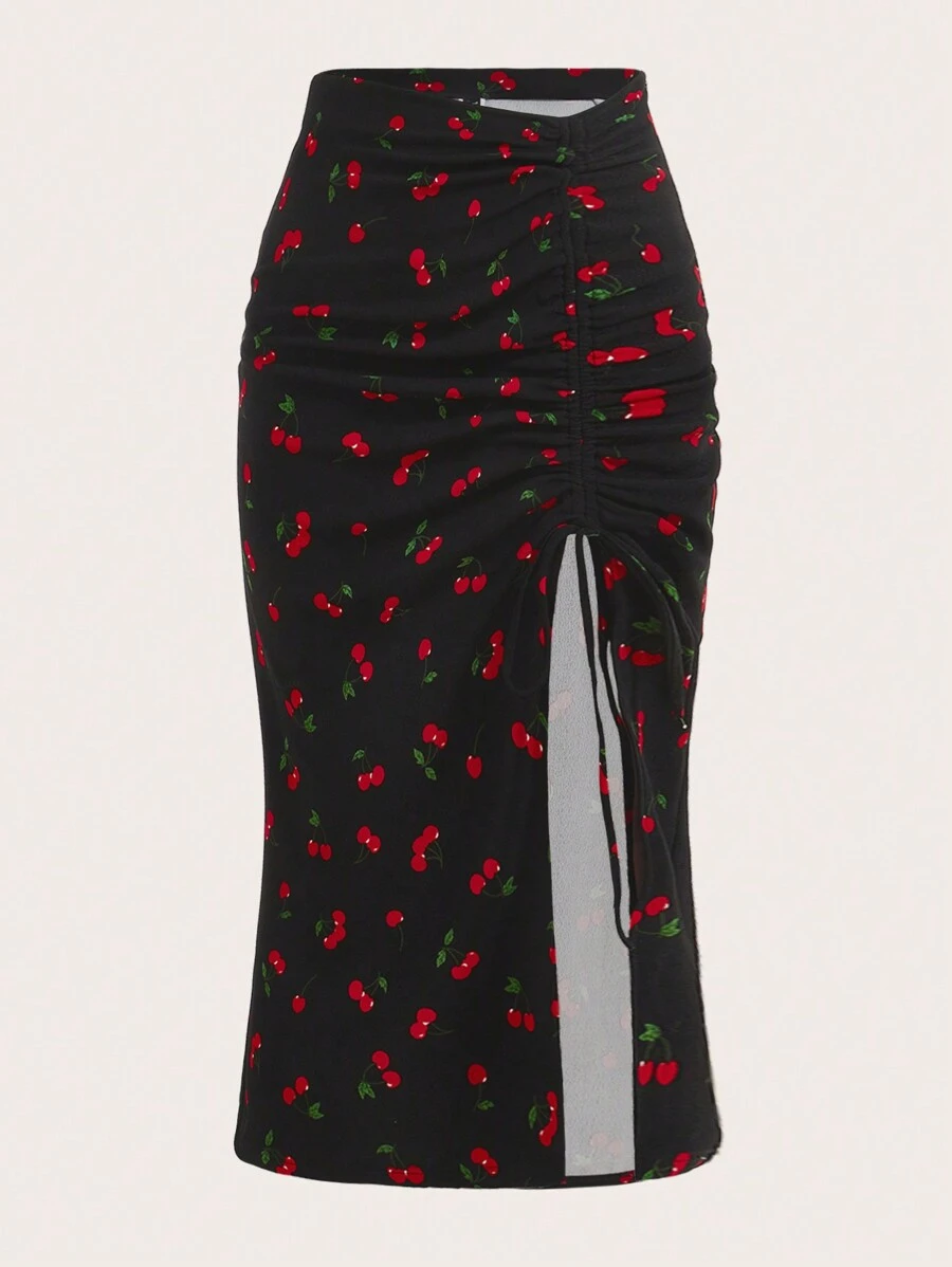SHEIN EZwear 女性加大碼櫻桃圖案側拉繩半身裙 - 黑色 - 查看 1