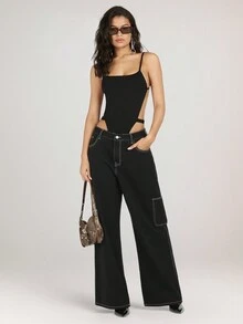 SHEIN BAE Áo liền quần màu trơn gợi cảm khoét hở hở lưng dây đeo spaghetti cho nữ, mùa hè - màu đen - Xem 8