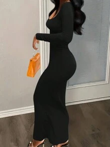 SHEIN Váy quấn cổ dài tay ôm sát hông dành cho nữ mùa hè - màu đen - Xem 3
