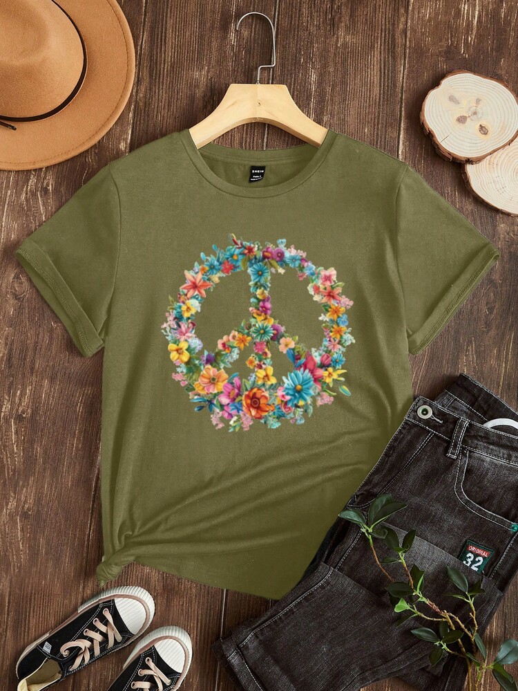 SHEIN LUNE Casual And Simple Peace Sign Pattern Round Neck Short Sleeve Women's T-Shirt Suitable For Summer - Army Green - View 4