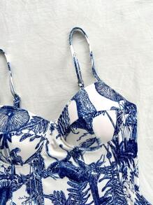 Soleia Body vintage para mujer en estilo informal y romántico con estampado floral azul y blanco y estilo sin espalda en forma de copa, ideal para vacaciones