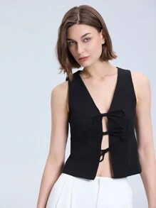 Ladies' Solid Color Simple Daily Sleeveless Strap Vest - Black - View 6