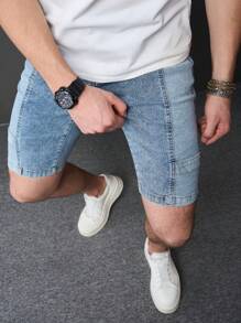 Manfinity Homme Shorts Denim Casuais Masculinos Slim-Fit Com Bolsos, Shorts Denim de Verão - Preto - Visão 6