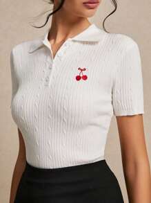 Poéselle Summer Top, Kawaii Summer Knitted Sweater, Cherry Pattern And Letter Embroidery - White - View 1