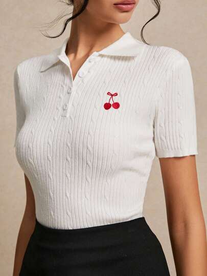 Poéselle Summer Top, Kawaii Summer Knitted Sweater, Cherry Pattern And Letter Embroidery