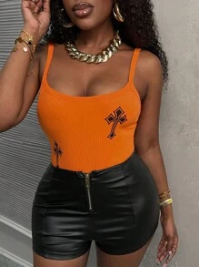 Slaydiva Macaquinho feminino laranja listrado básico para verão casual e simples, estilo Y2K com suspensórios em forma de U, decote trançado e estampa cruzada picante e doce - E - Laranja - Visão 5