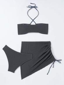 Women's Summer Beach Solid Color Cross Hollow Out Halter Neck Tie Sexy Bikini Set With Matching Cover-Up Skirt - Grey - View 3