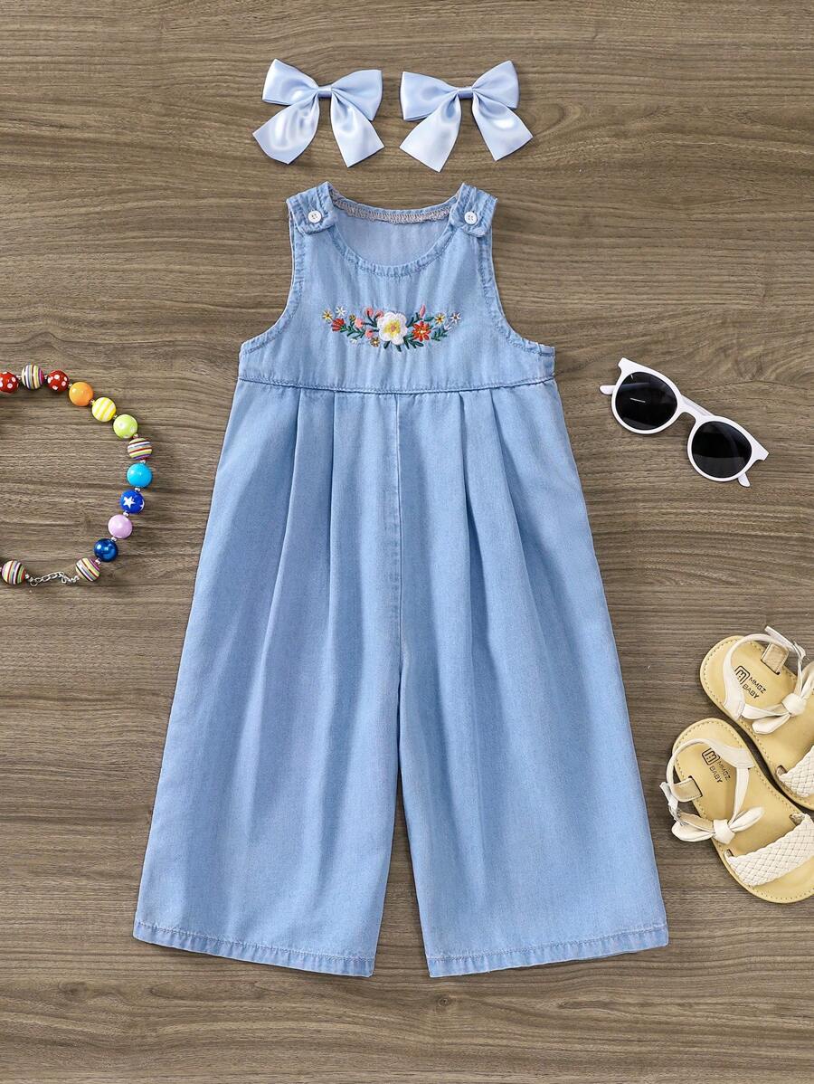 SHEIN Baby Girls' Denim Effect Flower Embroidery Sleeveless Jumpsuit - Blue - View 1