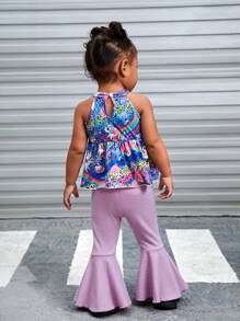 SHEIN 2 件装女婴休闲日常穿着卡通印花上衣和喇叭裤套装，春夏