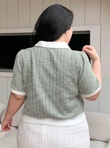 Dazy Plus 格紋和對比色Polo領短袖T卹（短款） - 綠色 - 查看 2