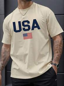 2025 Men's Casual Round Neck Short Sleeve T-Shirt With Letter And American Flag Print, Summer, 4th Of July