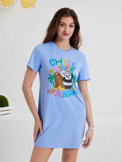 We Bare Bears X SHEIN Summer Cartoon Bear Print Short Sleeve Dress