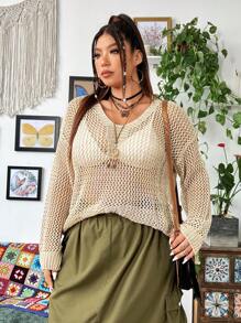 Flirla Plus Size Plain Fashionable Retro Hollow Knitted Long Sleeve Sweater Fall Winter - Multicolor - View 3