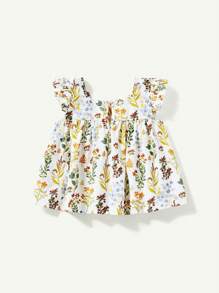 Cozy Pixies 嬰兒女孩植物花卉圖案方領荷葉邊上衣和褶邊短褲套裝 - 杏色 - 查看 10