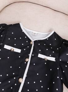 SHEIN 少女色塊波點V領休閒優雅簡約波點短袖上衣和純色裙子套裝 - 彩色 - 查看 8