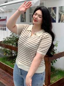 Dazy Plus Plus Size Casual Striped Knit Short Sleeve Top With Patchwork Collar, For Summer,Back To School Clothes - Khaki - View 3