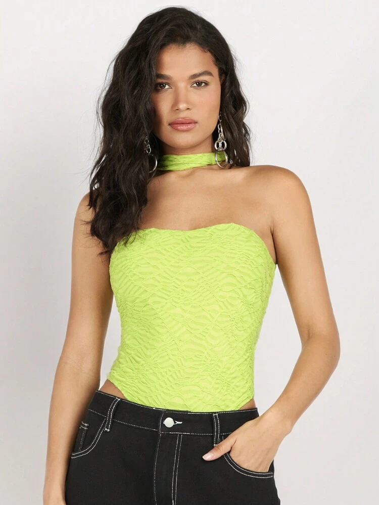 Women Solid Color Knitted Texture Halter Neck Summer Green Bodysuit For Daily Wear, Street, Dating And Parties