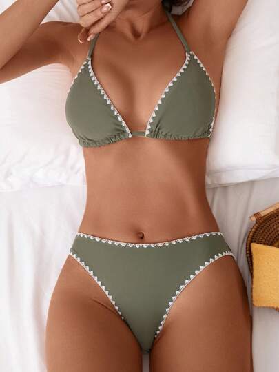 Swim Basics Conjunto de bikini floral de verano para mujer con top halter con flecos, conjunto de bikini