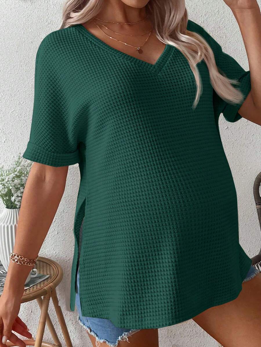 SHEIN Maternity Solid Color Casual Fit T-Shirt With Slit Hem, Summer - Green - View 1
