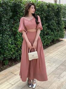 DAZY Ladies' Top And Skirt Two Pieces Set, Ruffle - Pink - View 2