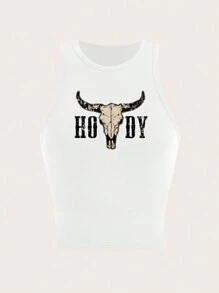SHEIN EZwear Casual Minimalist Cow Head Graphic Round Neck Slim Fit Women Tank Top, Cotton, Suitable For Summer Back To School - White - View 3