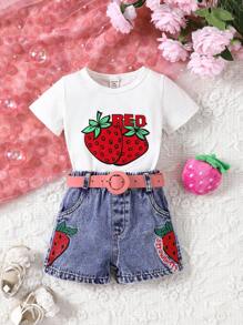 Conjunto de verano para bebé niña con camiseta de manga corta estampada de fresa y pantalones cortos de mezclilla bordados con fresas - Blanco - Ver 1