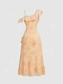 SHEIN MOD Yellow And Pink Tie Dye Floral Mesh One Shoulder Flowy Shorts Women's Dress With Ruffle Trim And Slit,Summer Party - Multicolor - View 2