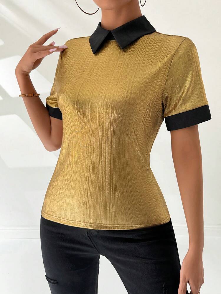Summer Color-Block Polo Collar Short Sleeve Slim Fit T-Shirt With Foil Printing
