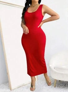 SHEIN Clasi Váy Maxi Không Tay Màu Trơn Mùa Hè Cỡ Lớn Cho Quần Áo Năm Mới Cho Phụ Nữ - Đỏ - Xem 3