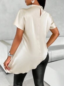SOLERSUN Mock Neck Batwing Sleeve Satin Asymmetrical Hem Blouse,Short Sleeve Tops