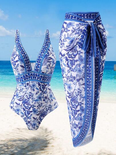 Swim Oasis 大尺碼花卉印花V領修身夏季沙灘泳衣和裙子