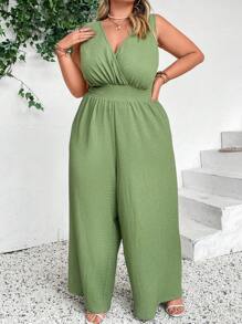 SHEIN CURVE+ Enterizo sin mangas verde menta con escote en V y pantalones de pierna ancha - Verde Oliva - Ver 6