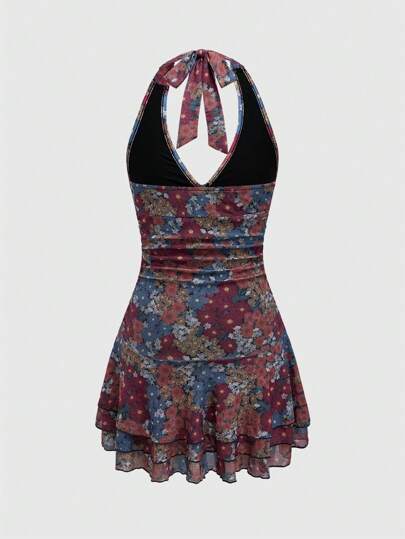 FattoColore Blumenmuster Halsband Sommerkleid für Frauen
