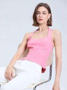 Áo ba lỗ hở lưng không tay đơn giản, cổ yếm, mùa hè - Hồng - Xem 6