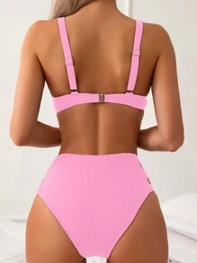 SHEIN Swim 女士夏季海灘純色中空性感比基尼套裝 - 淺粉色 - 查看 2